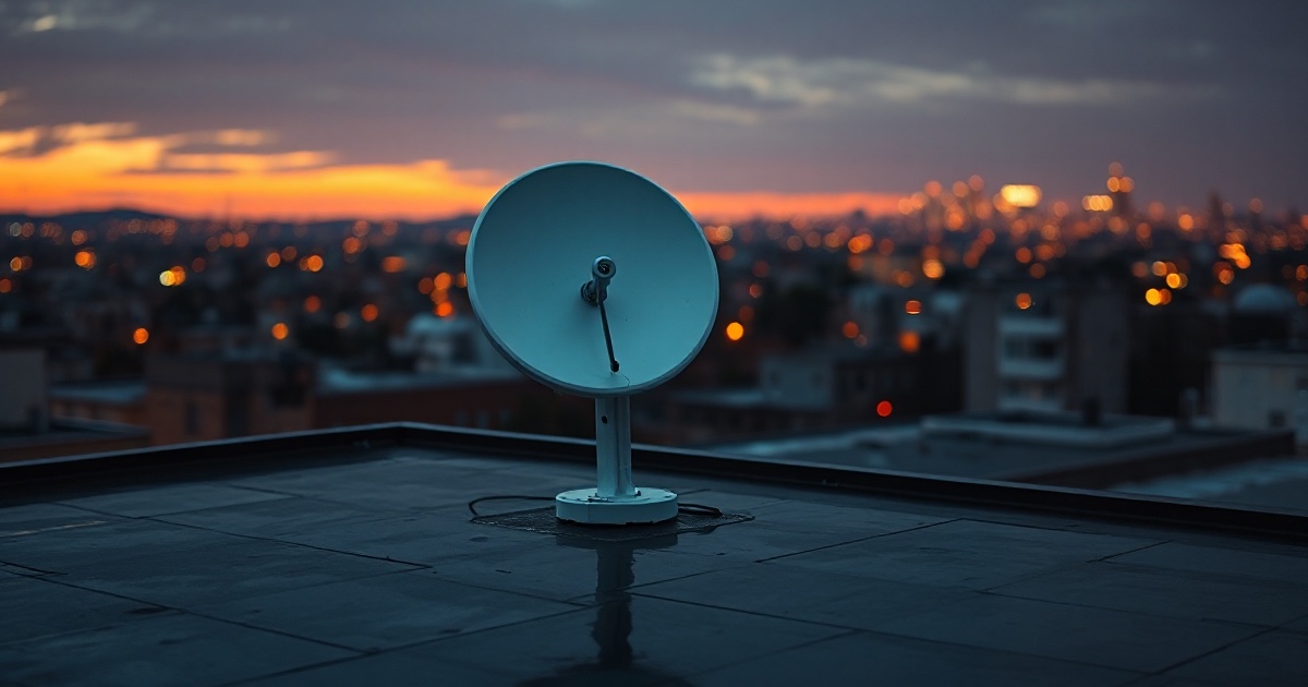 A white parabolic satellite dish antenna standing on a dark wet rooftop at dusk with warm amber rim light, used as the ThriveInMarkets weekend recap hero for October 5 to October 11 2026, when SpaceX agreed to buy Grain Management's nationwide 800 MHz spectrum, a deal the Wall Street Journal put near 8 billion dollars, T-Mobile closed Friday at 148.02 dollars down 13.6 percent, and the S&P 500 closed Friday at 7,811.54 up 1.2 percent on the week