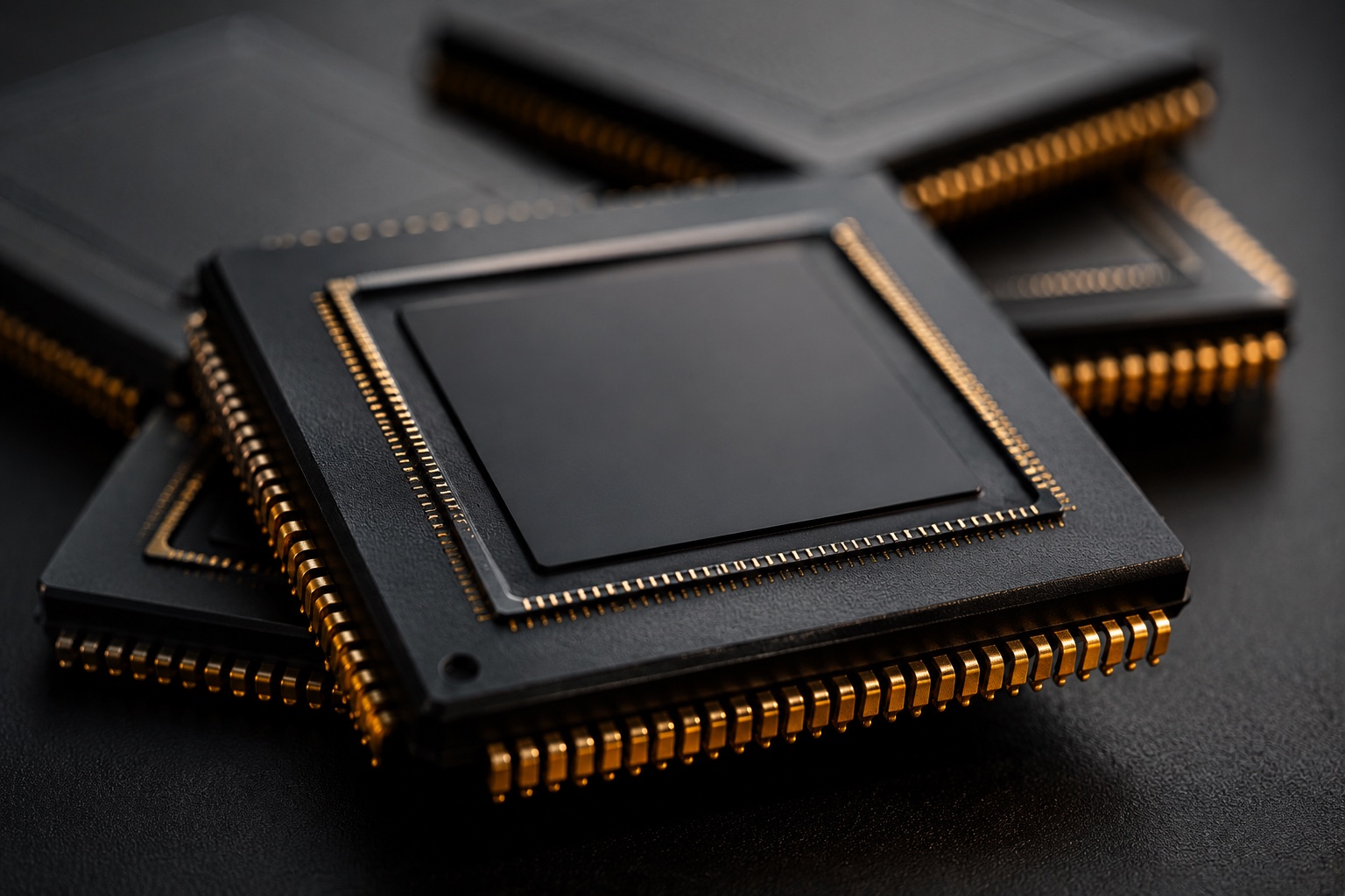 Macro close-up of stacked semiconductor chips with golden contact pins on a matte-black surface, representing AMD crossing the $700 billion market capitalization threshold on the Q1 2026 beat