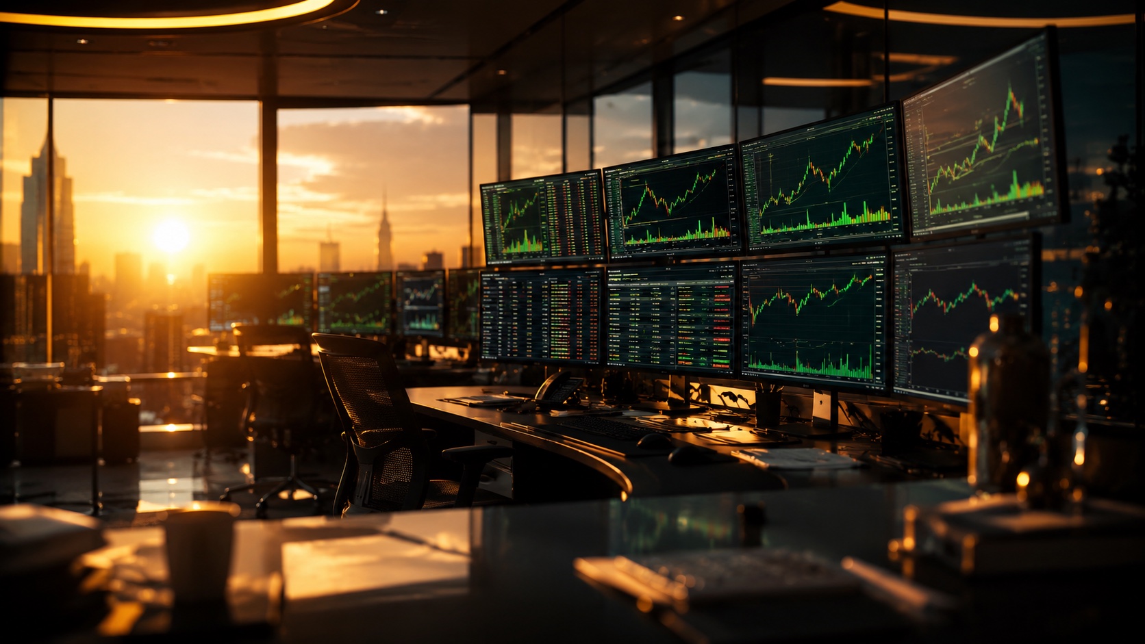 Cinematic trading floor at golden-hour dawn, multiple ultrawide monitors glowing with rising green market lines, warm sunrise light over a city skyline visible through floor-to-ceiling windows, premium financial editorial photography, ThriveInMarkets weekly roundup May 3 to May 9 2026